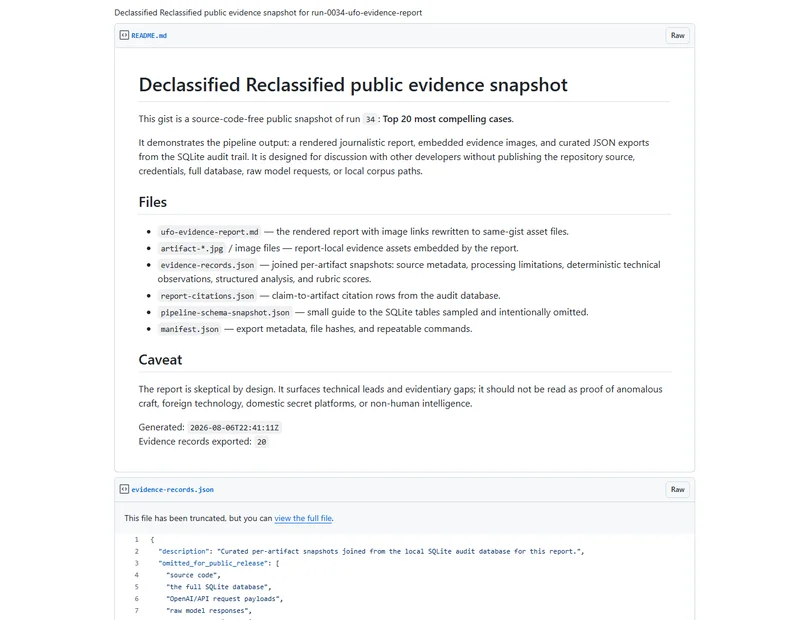 Declassified Reclassified public evidence snapshot listing report files, curated JSON exports and a caveat about interpreting the evidence.
