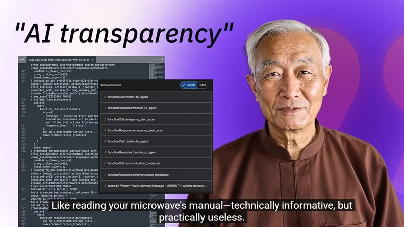 Talk Data to Me video still pairing a presenter with agent logs and conversation traces beneath the heading AI transparency.
