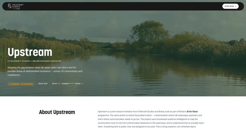 Upstream research landing page with a river photograph and an introduction to UK water-user communities and antimicrobial resistance.